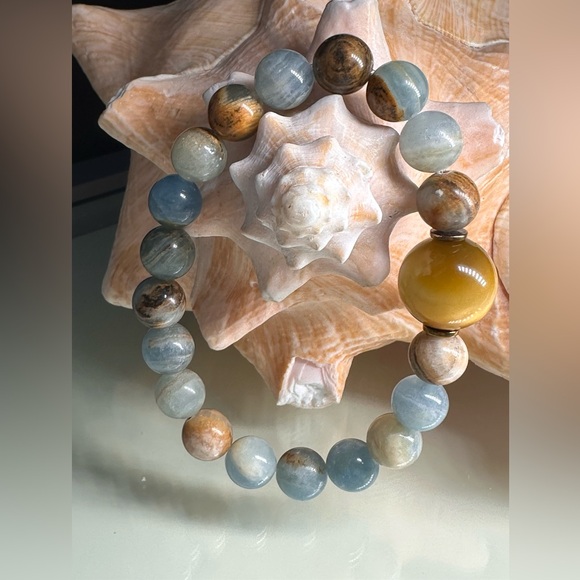 LEMURIAN AQUATINE + YELLOW TIGERS NATURAL STONES BRACELET size 7” - Picture 3 of 10